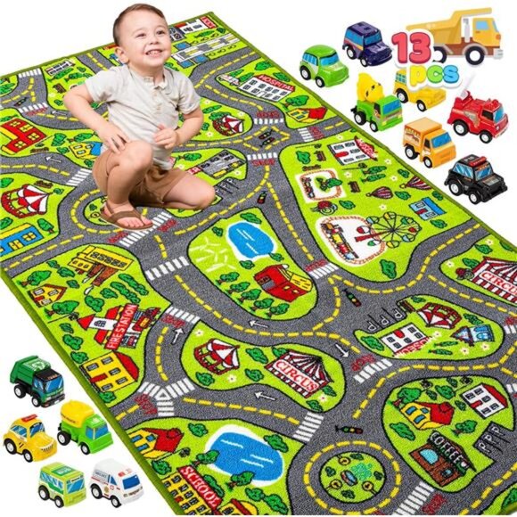 Kids Play Rugs -12 Pull-Back Vehicle Set-Durable Carpet Playmat Rug-Pretend Play - Picture 1 of 8